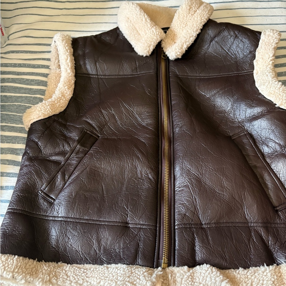 Brown Leather Vest with Shearling Lining and Trim